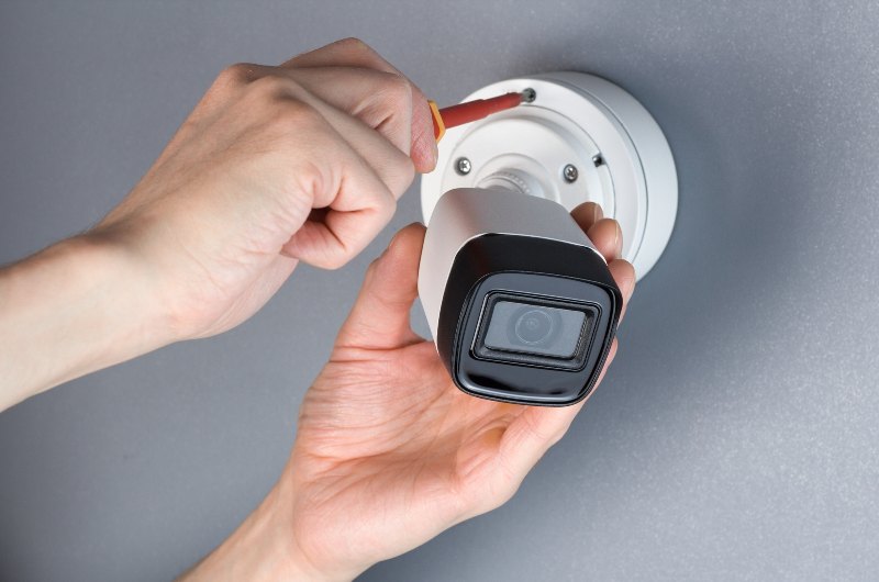 Manos de técnico de instalación de seguridad de video con cámara cctv.
